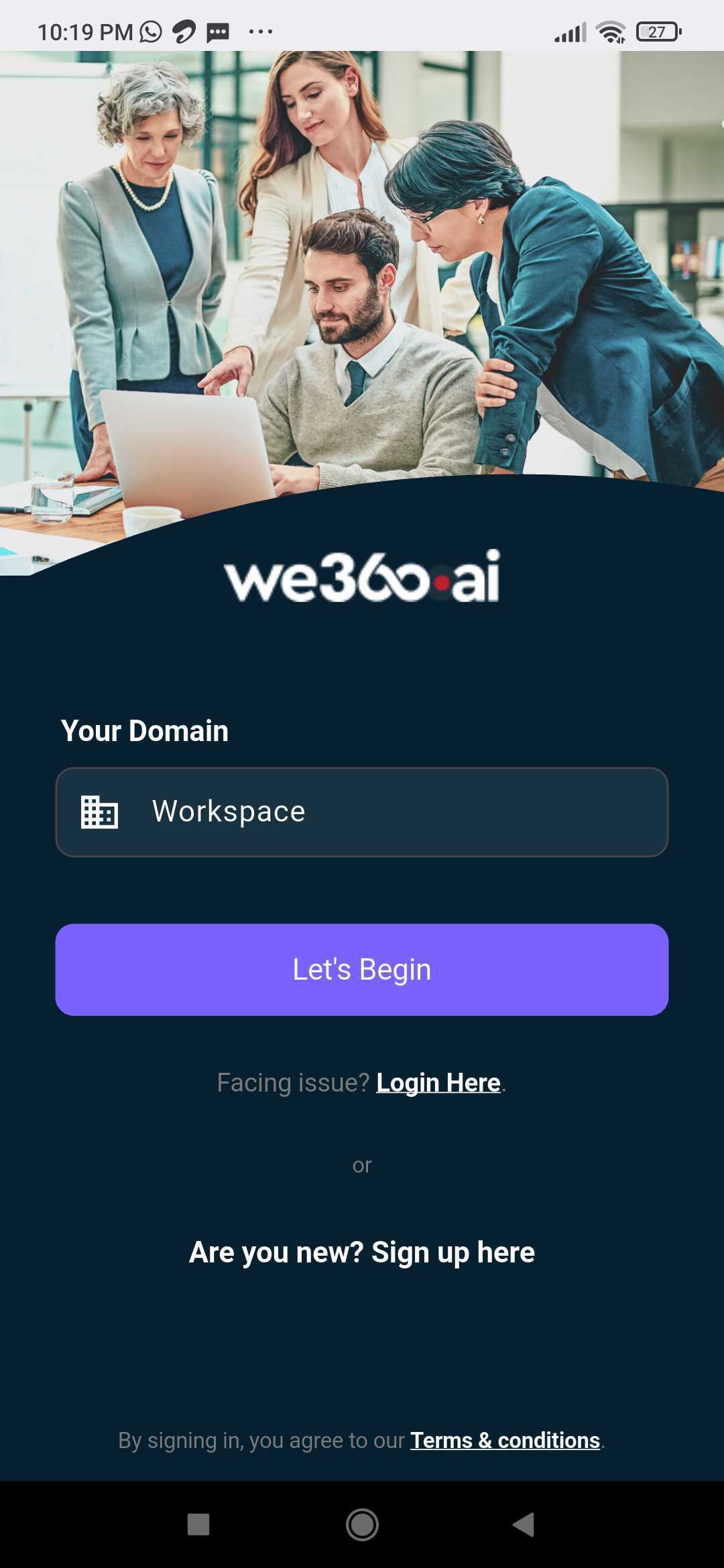 We360.ai mobile app welcome screen with the workspace domain field and Let's Begin button
