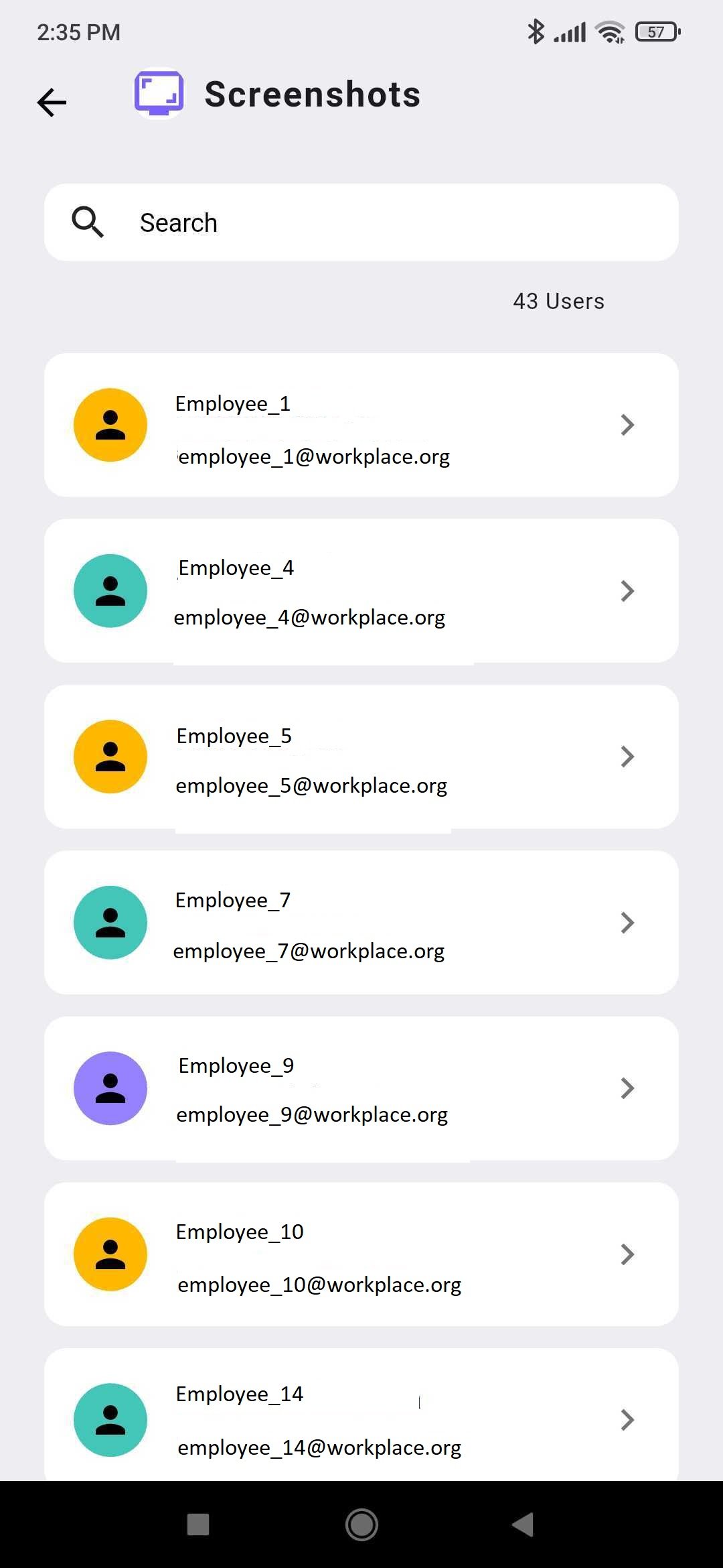 Screenshots screen listing tracked users to open their captured desktop screenshots