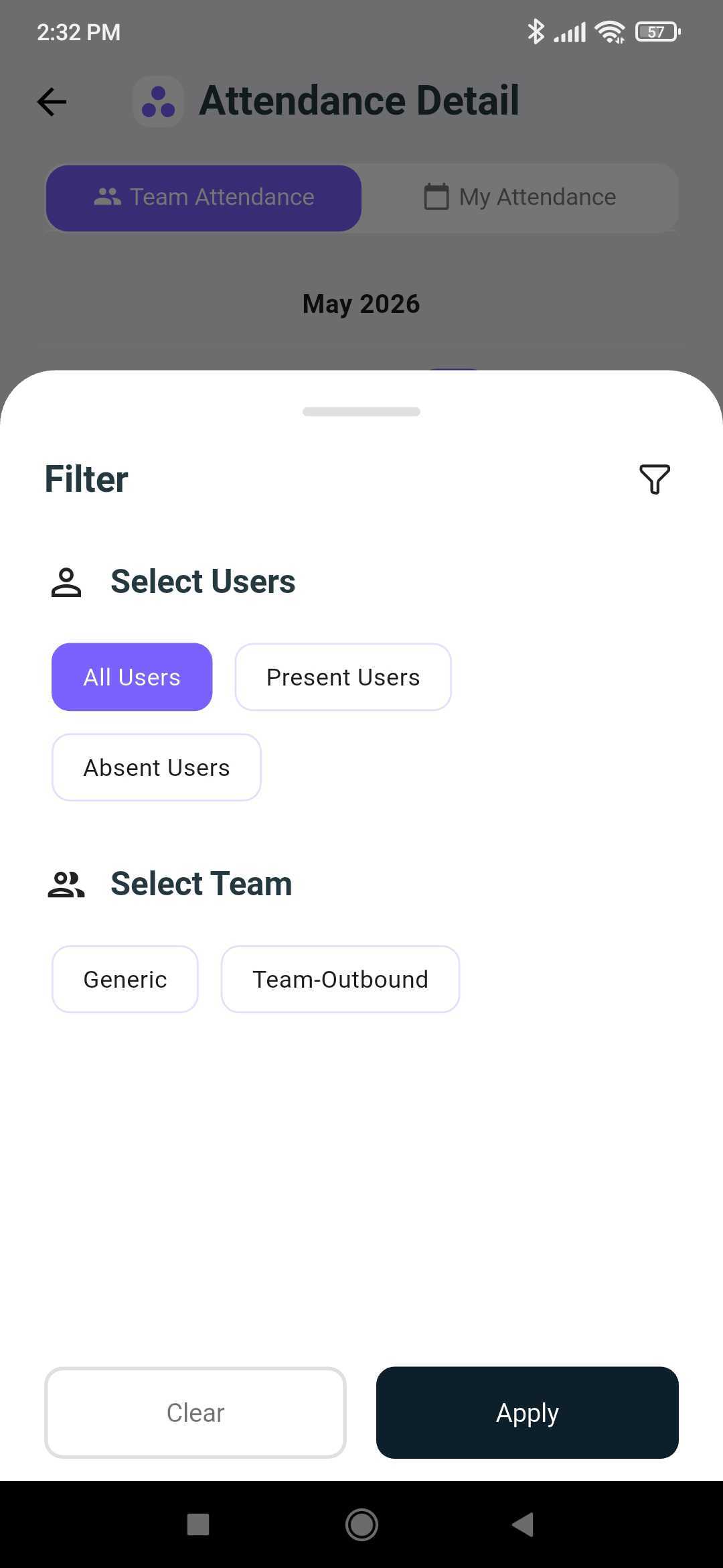Attendance filter sheet to narrow the team list by all, present, or absent users and by team