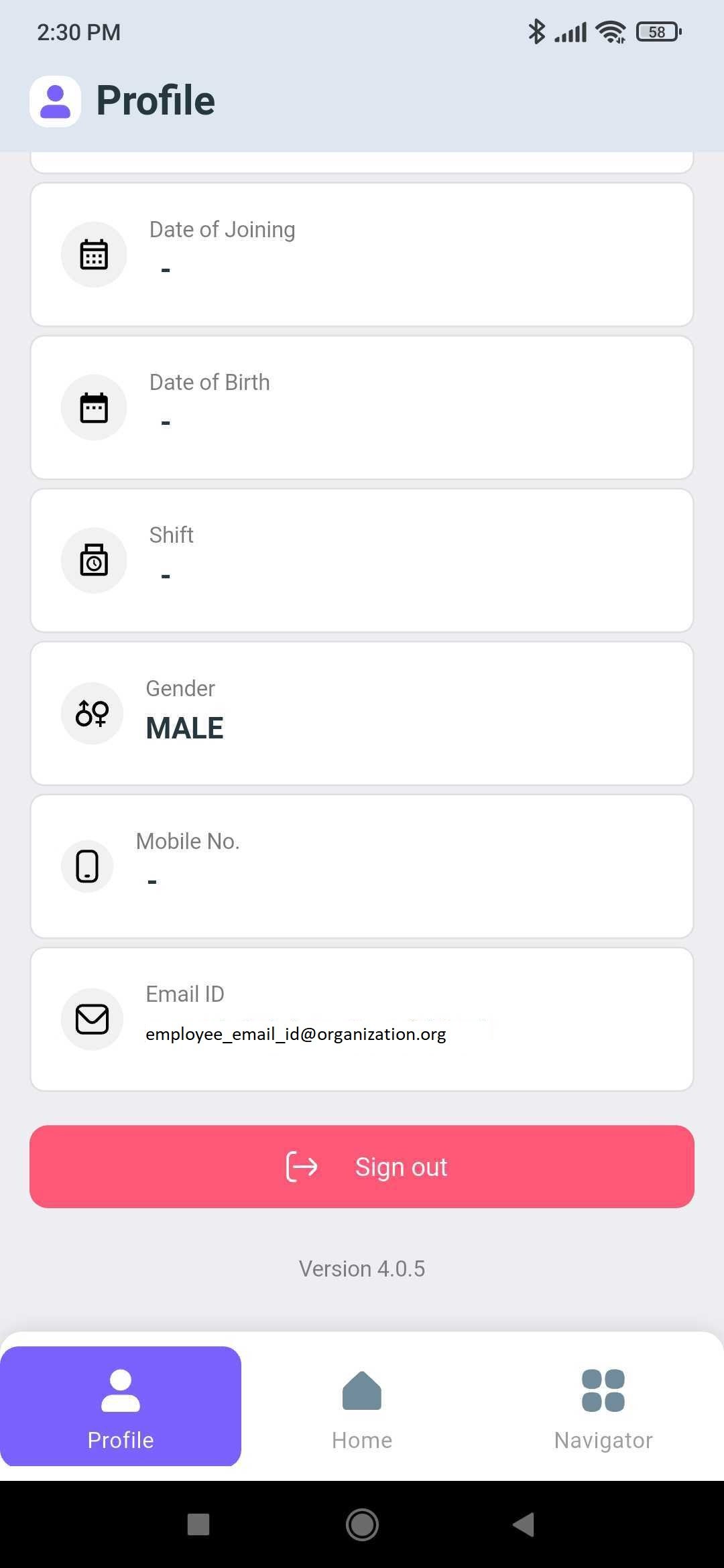Profile tab scrolled to shift, gender, mobile number, email, and the Sign out button with app version
