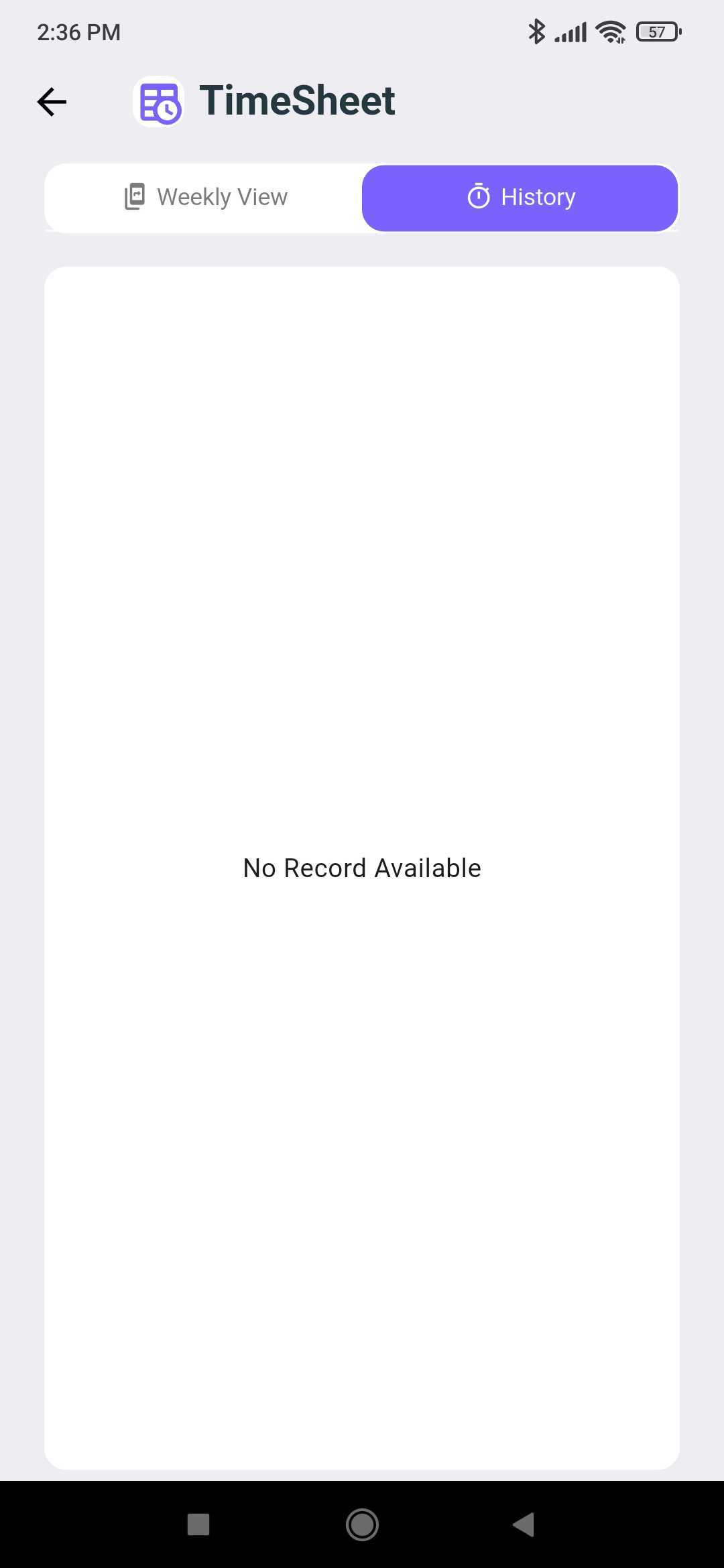 TimeSheet History tab with no records available yet