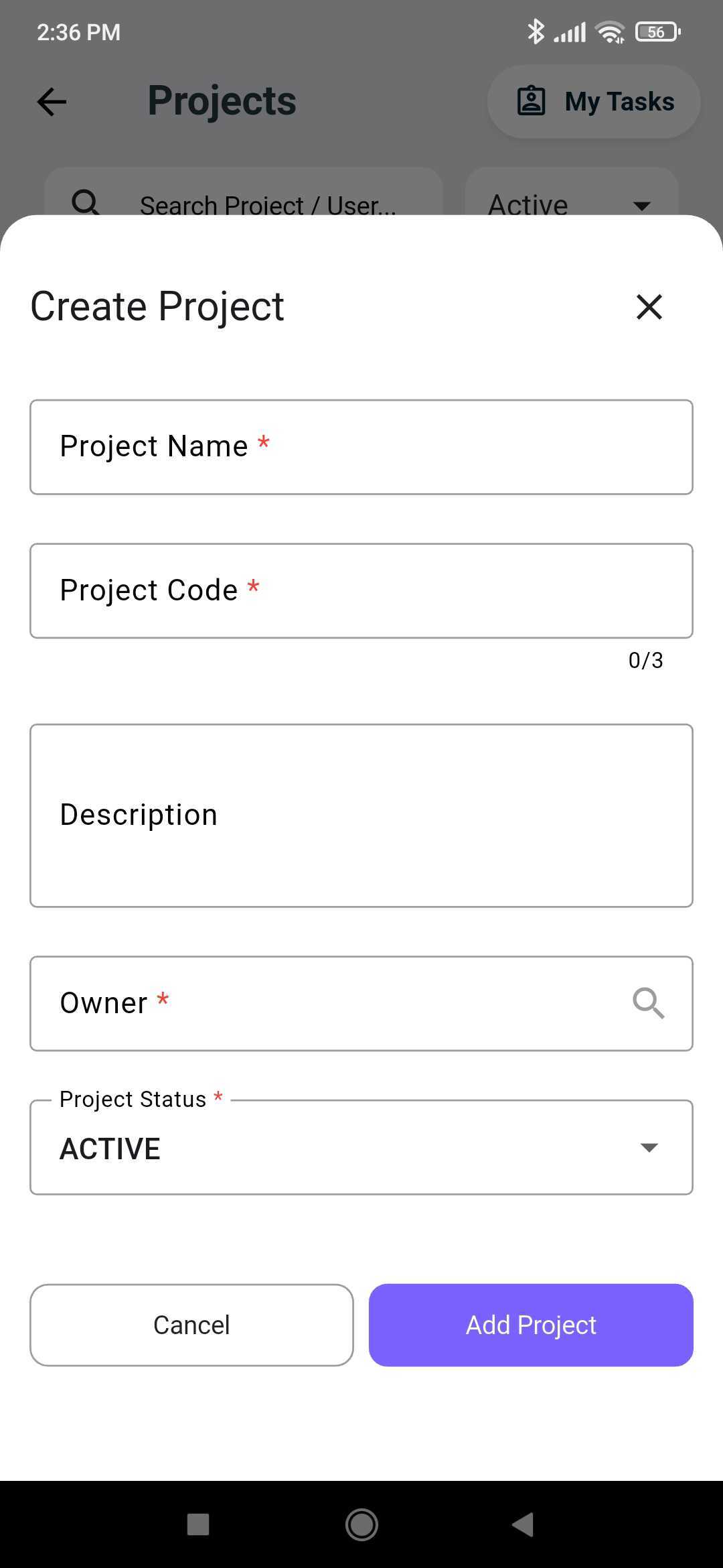 Create Project form with project name, code, description, owner, and status fields