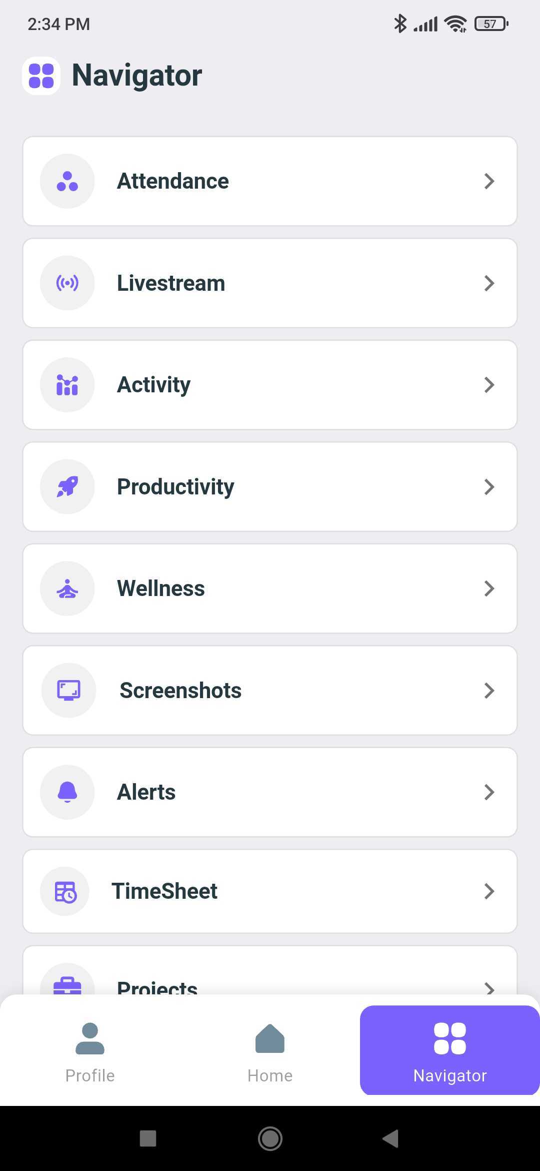 Navigator tab listing Attendance, Livestream, Activity, Productivity, Wellness, Screenshots, Alerts, and TimeSheet