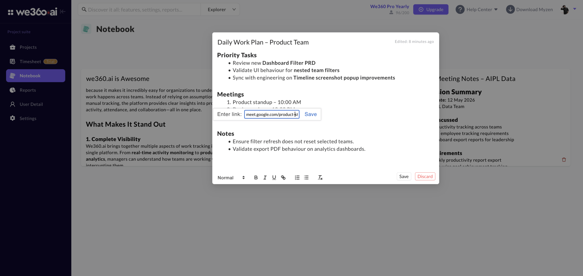 Enter link popup inside an open note in Notebook, used to add a clickable hyperlink to selected text
