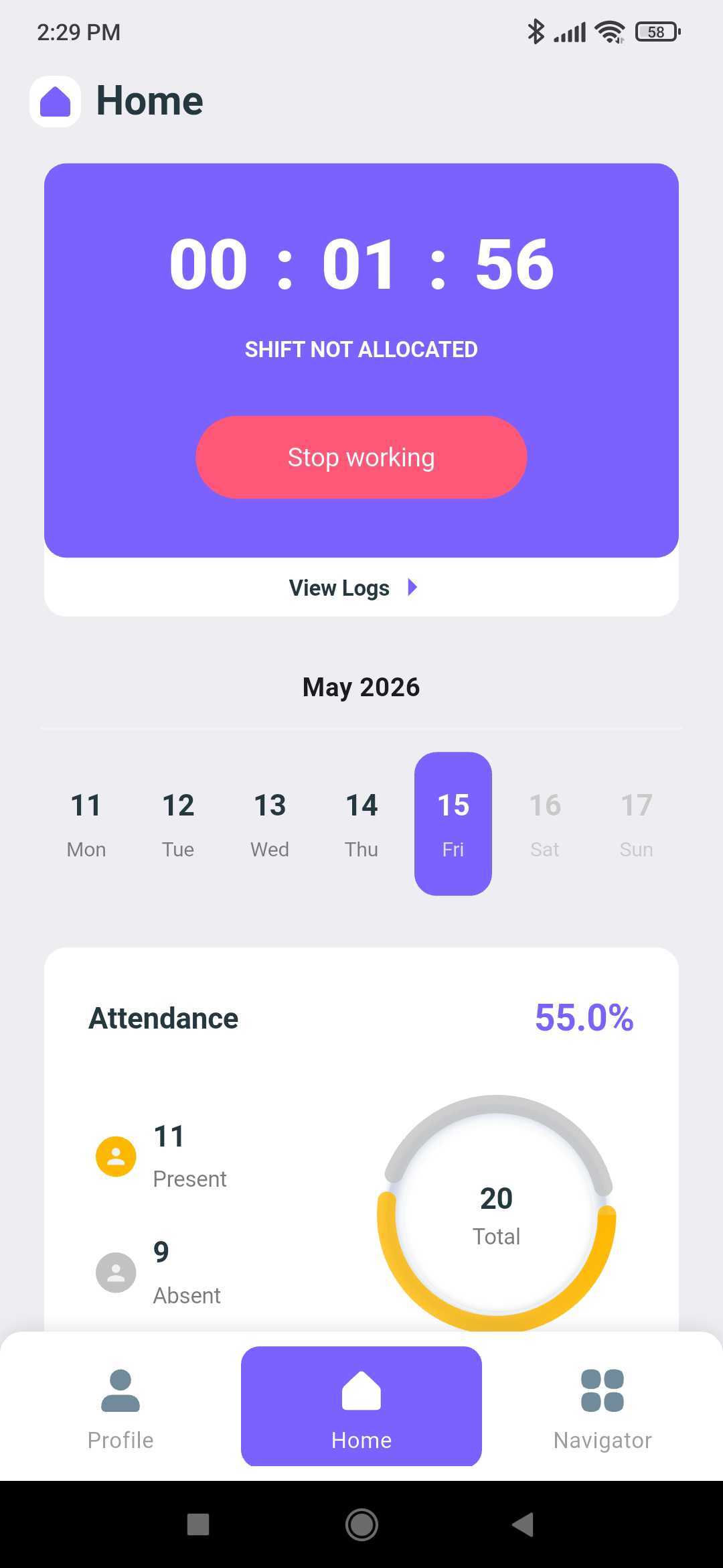 Mobile app Home tab with a running shift timer and the Stop working punch-out button