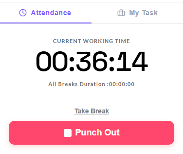 Chrome extension Attendance tab after punching in, with the Take Break link and Punch Out button