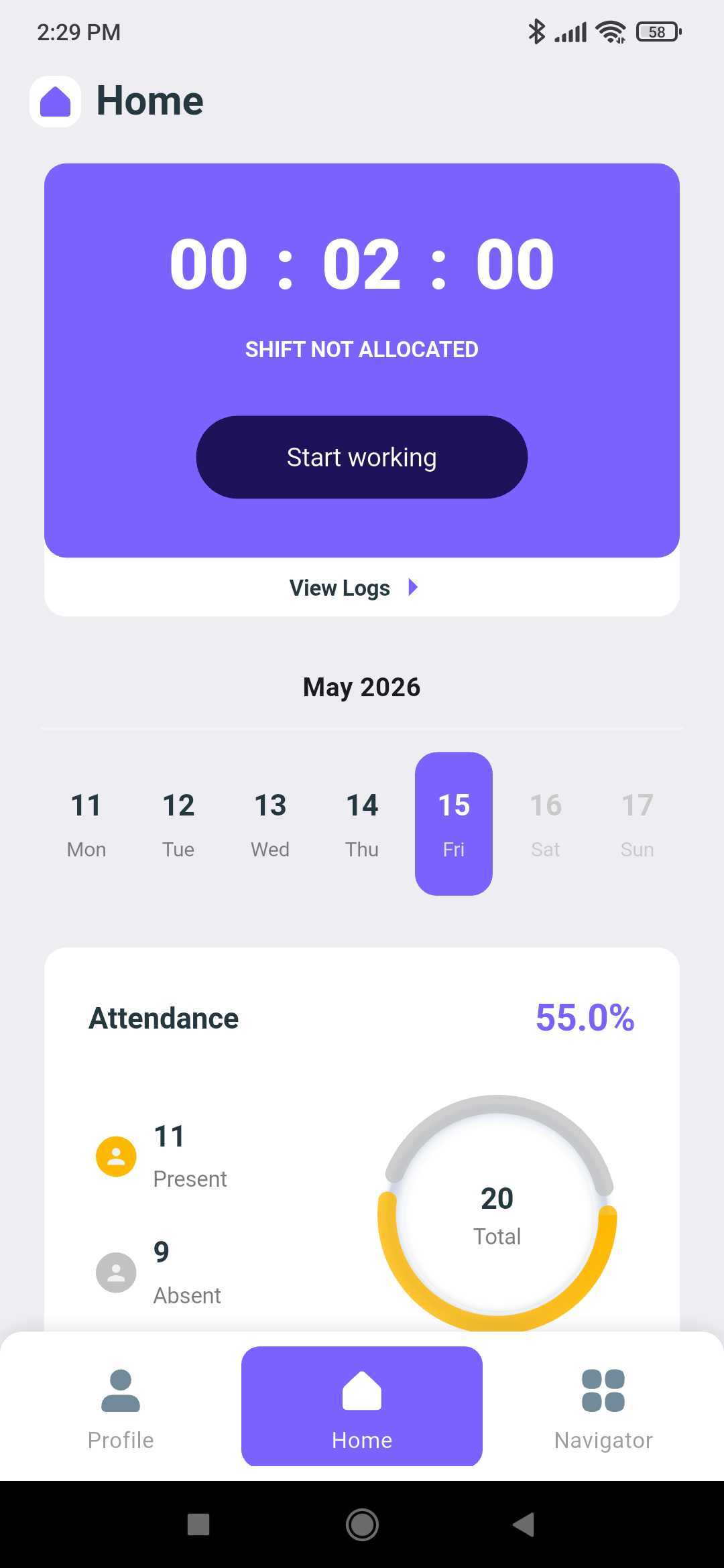 Mobile app Home tab with the shift timer, Start working punch-in button, and attendance summary