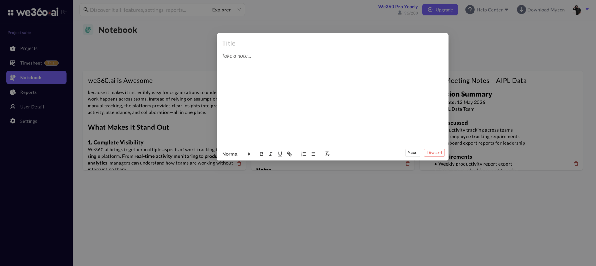 Blank note editor dialog in Notebook with title field, formatting toolbar and Save and Discard buttons