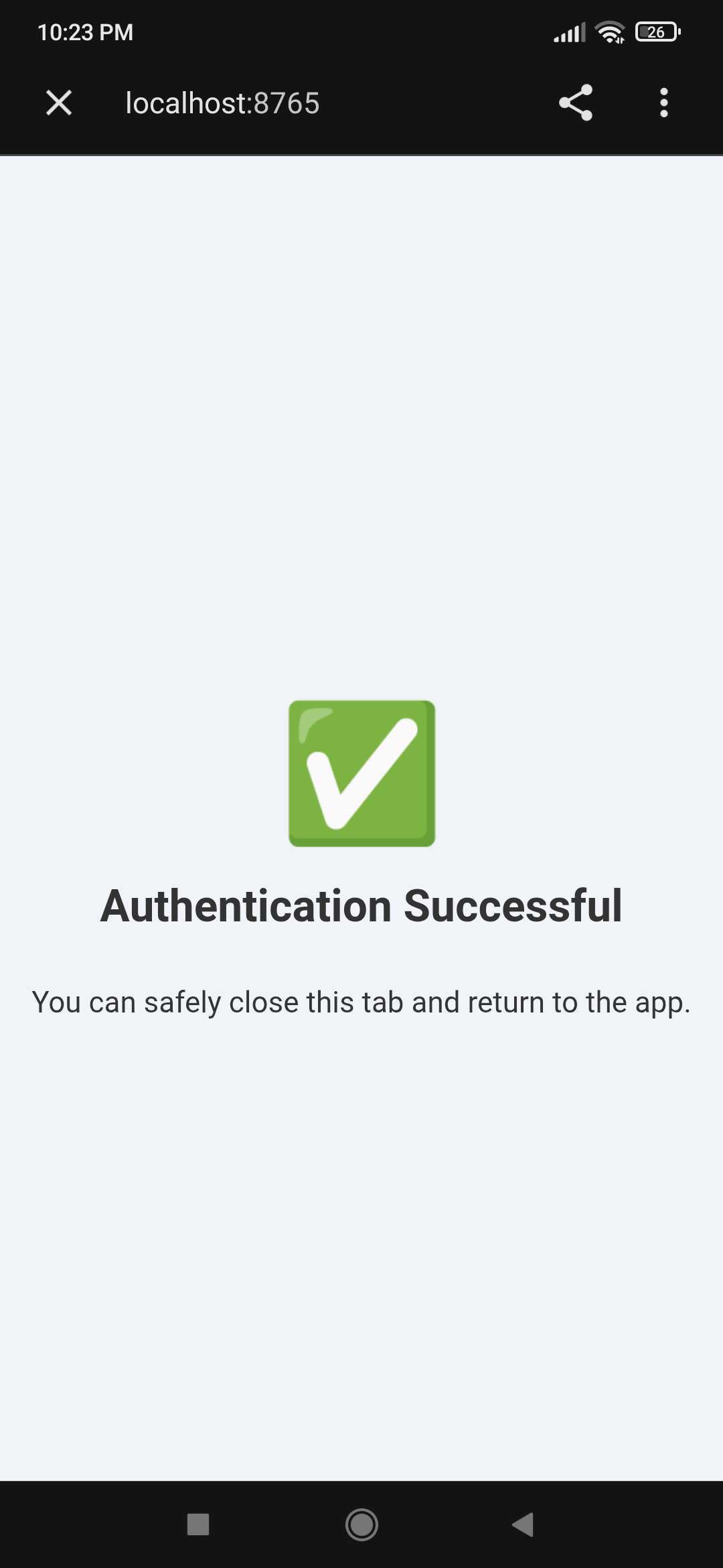 Authentication Successful confirmation shown after signing in, prompting a return to the app