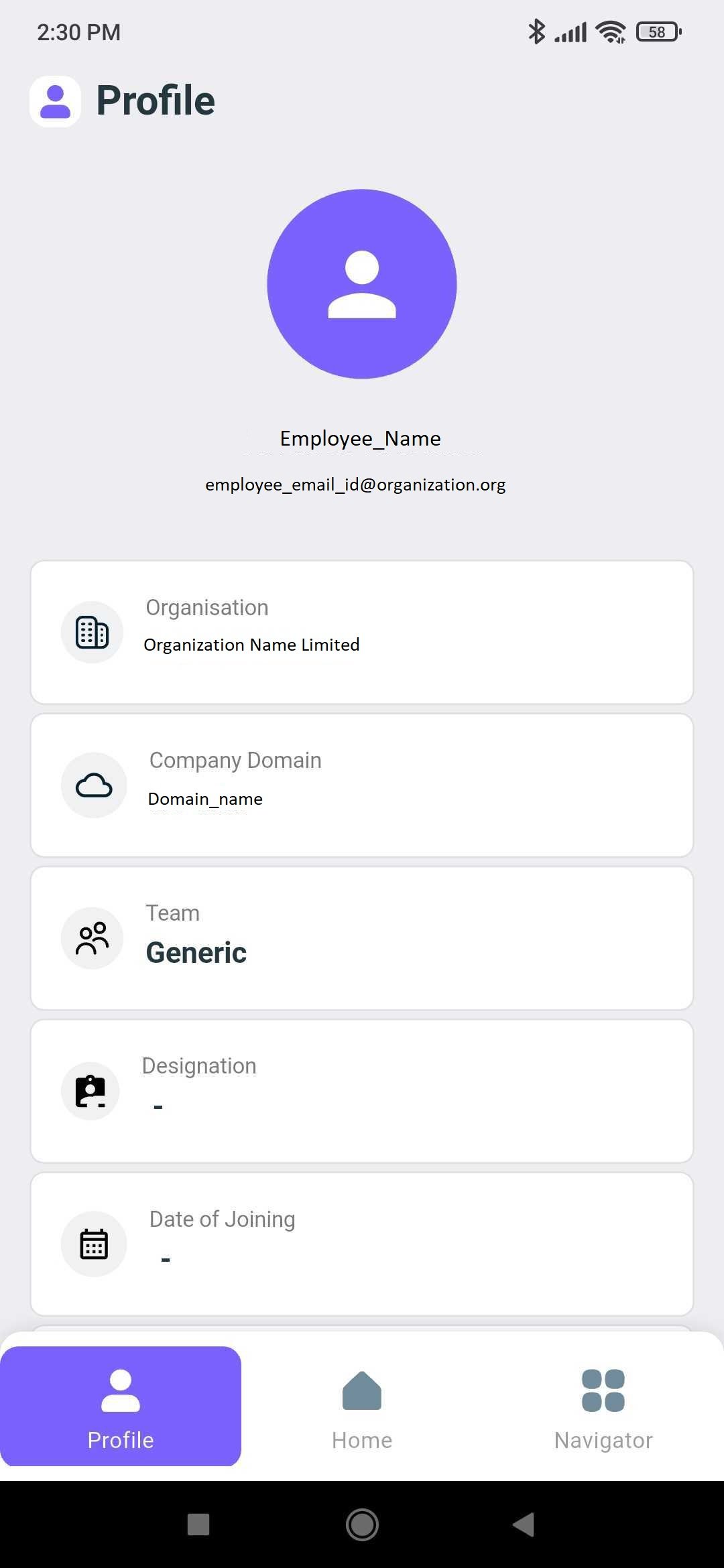 Profile tab showing the employee's organisation, company domain, team, designation, and joining date