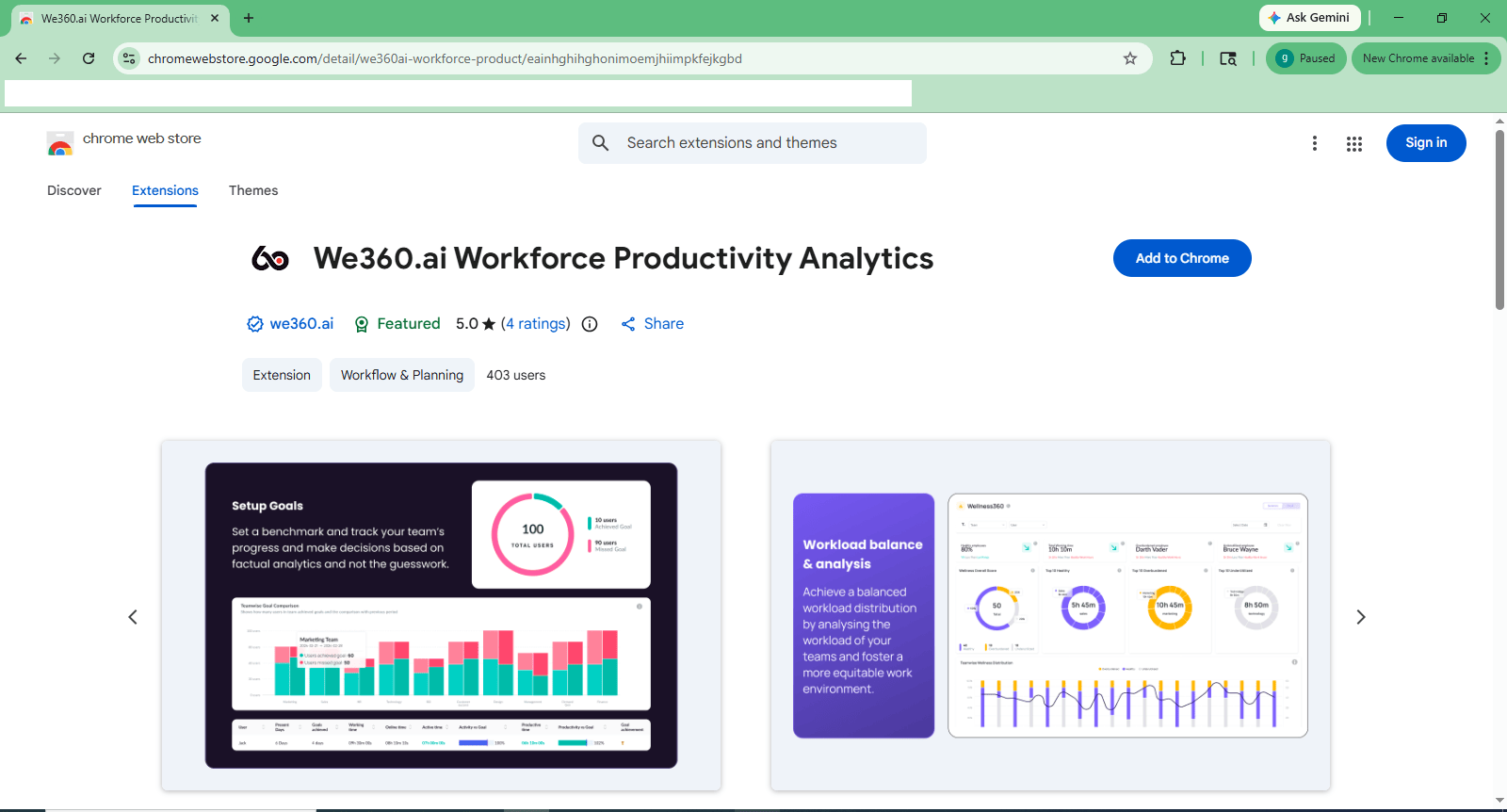 We360.ai Workforce Productivity Analytics listing on the Chrome Web Store with the Add to Chrome button