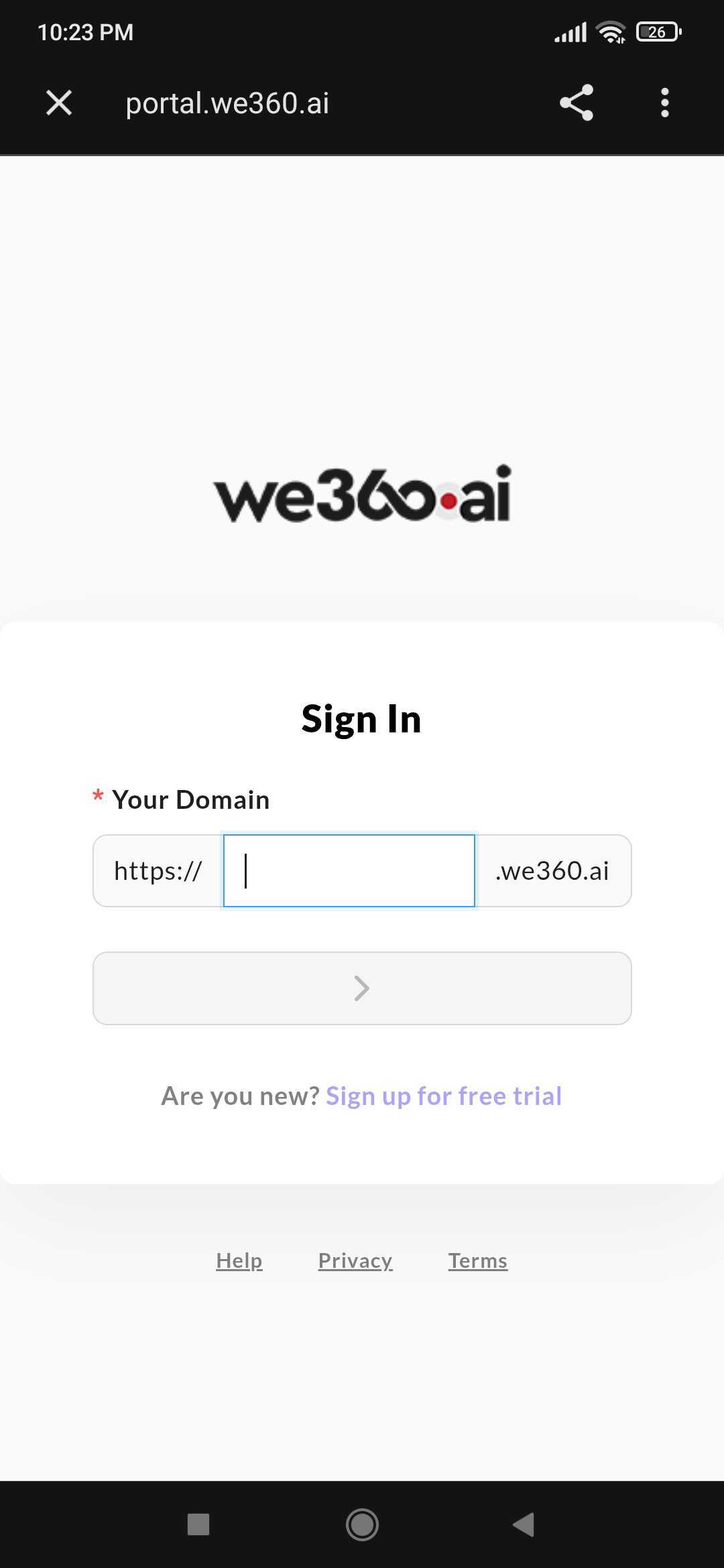 Portal sign-in page in the mobile browser asking for the organisation's We360.ai subdomain