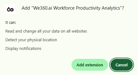 Chrome prompt listing the permissions the We360.ai extension requests, with Add extension and Cancel buttons