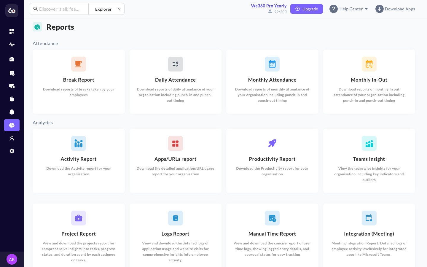 Reports module showing all available report cards