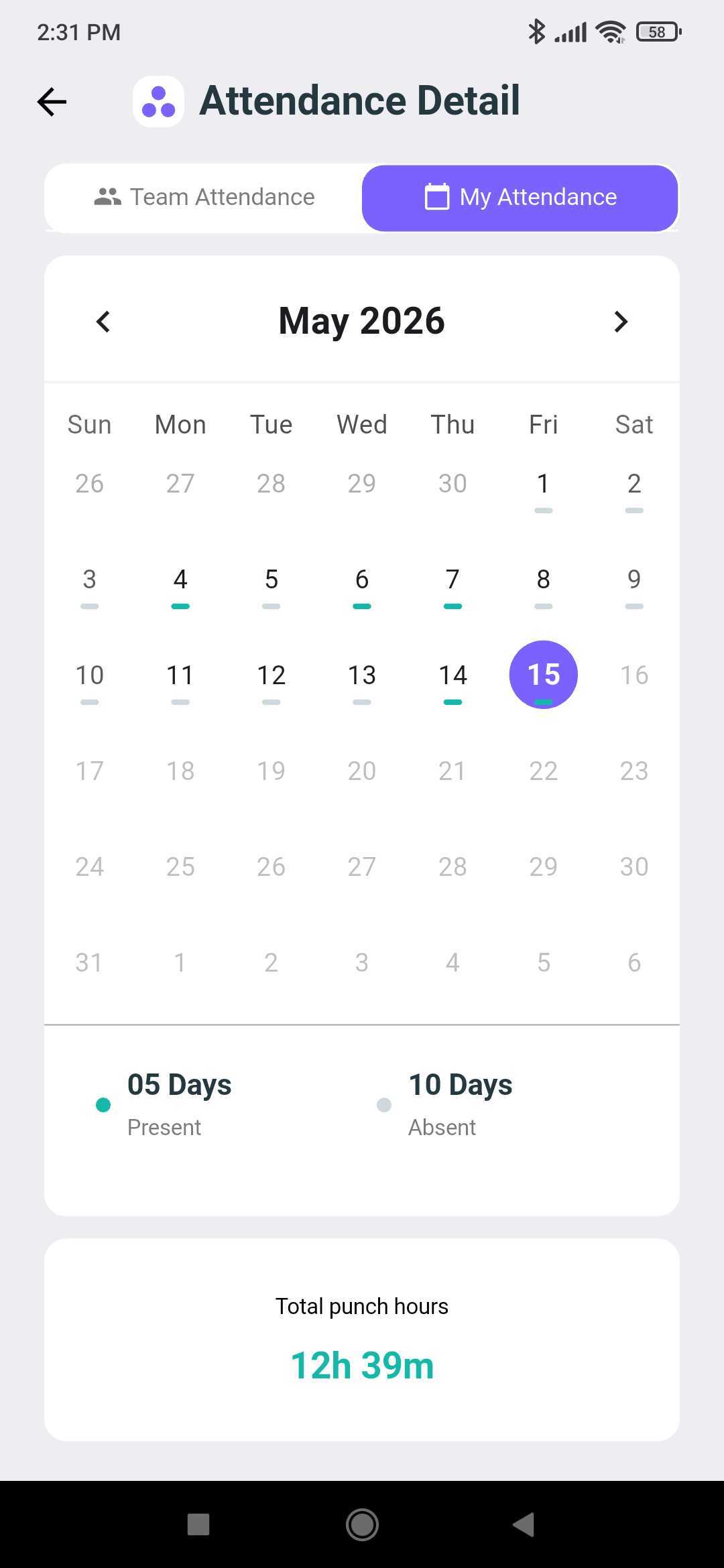 My Attendance calendar view marking present and absent days with total punch hours for the month