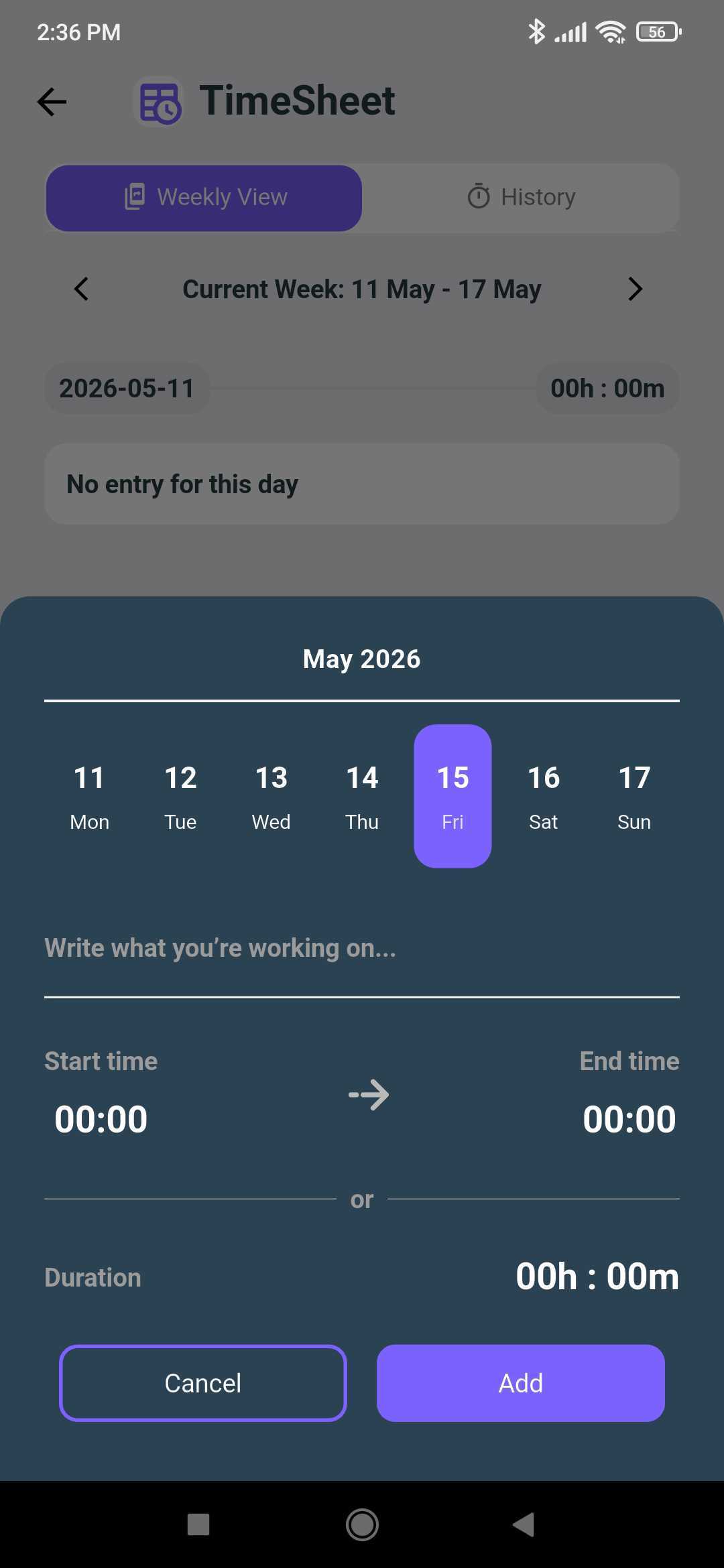 Add Time Entry sheet to pick a date, describe the work, and set start and end time or duration