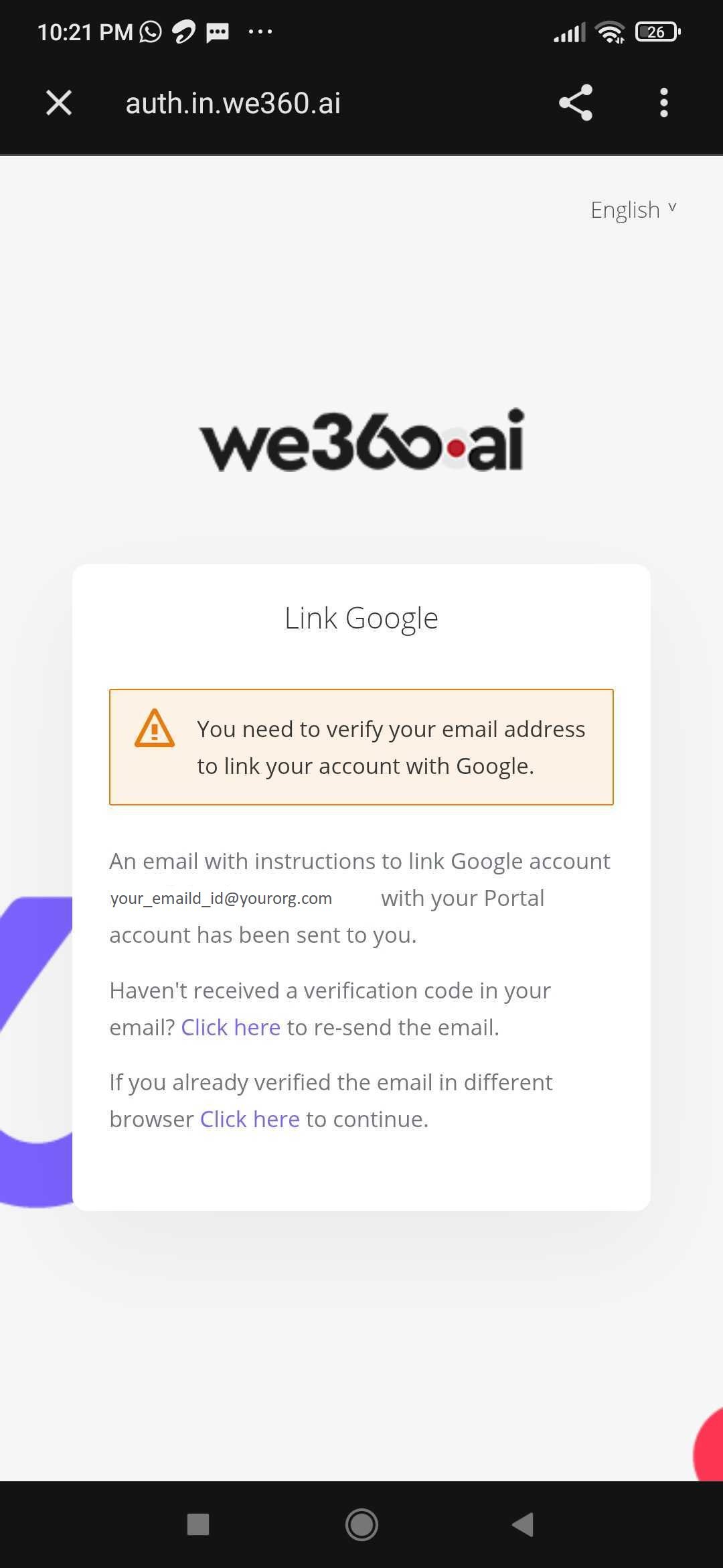 Link Google prompt asking the user to verify their email before connecting a Google account