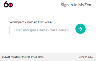 We360.ai Chrome extension sign-in screen asking for the organization workspace or domain name