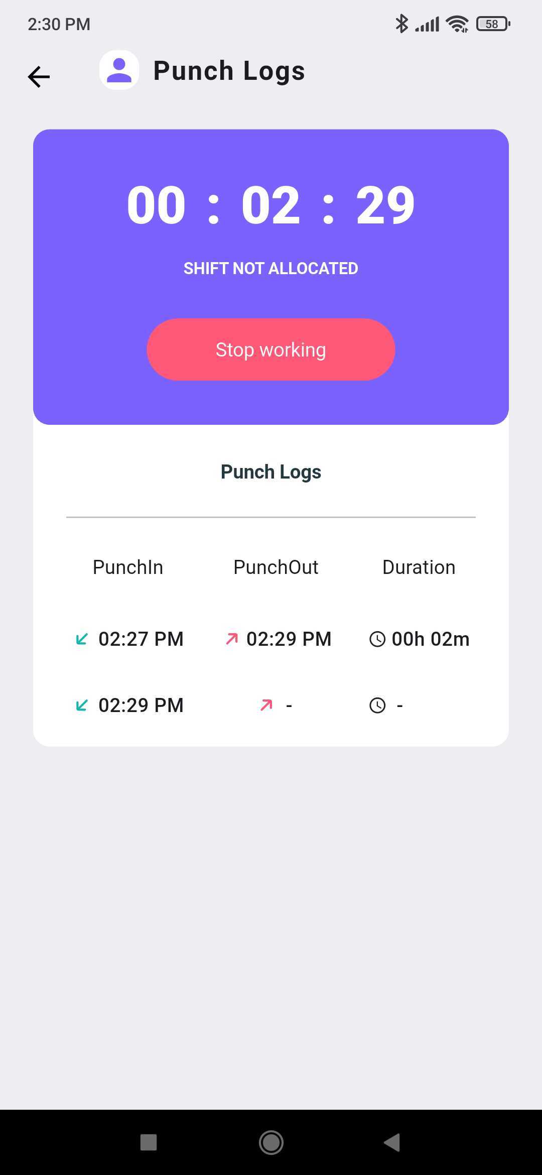 Punch Logs screen listing punch-in time, punch-out time, and duration for each work session