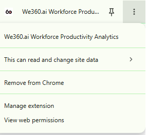 Chrome toolbar menu for the We360.ai extension with site data access, manage extension and permissions options