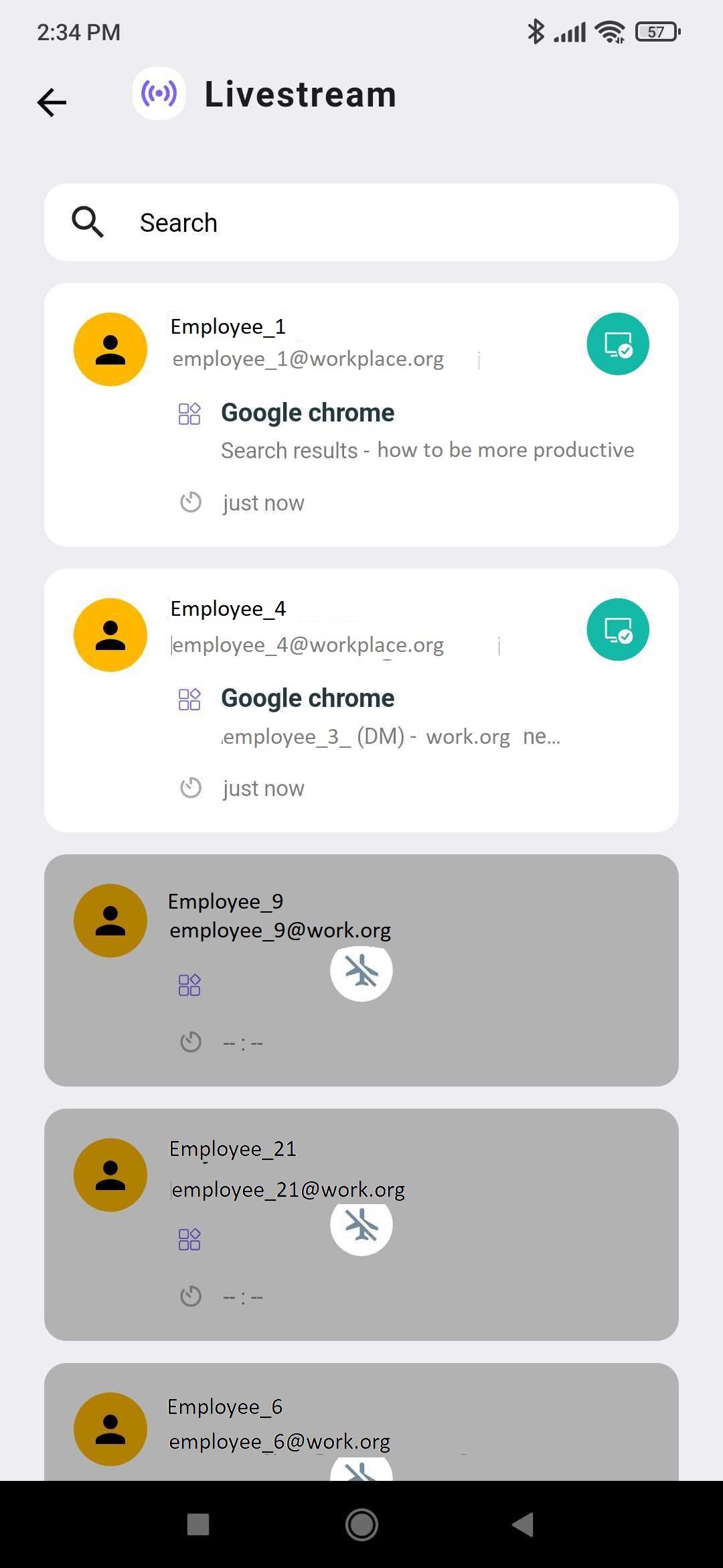 Livestream screen showing which application and window each online employee is currently using
