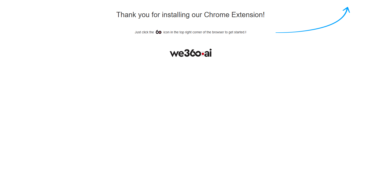 Thank you page shown after installing the We360.ai Chrome extension, pointing to the toolbar icon to get started