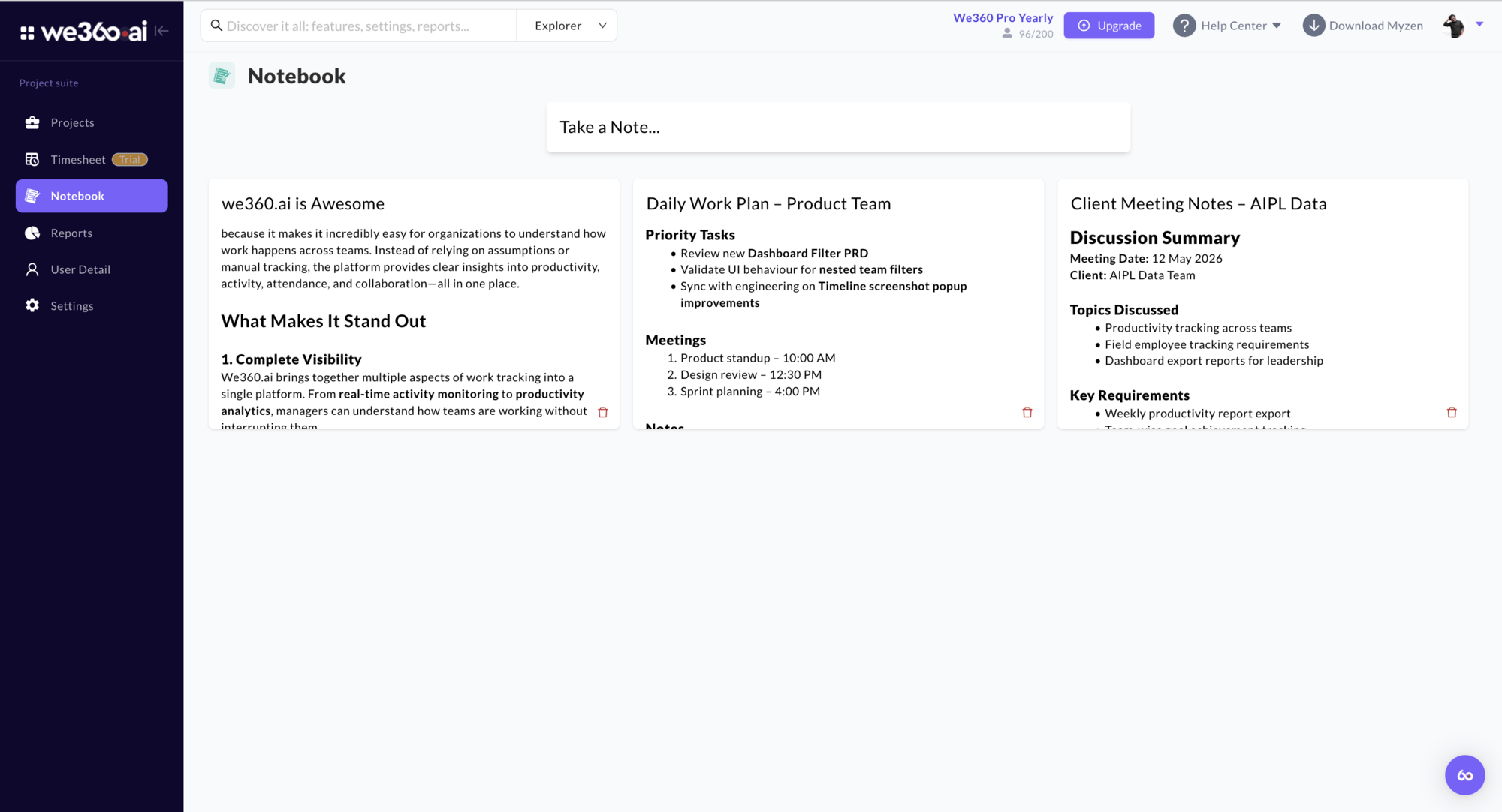 Notebook page in the Project Suite listing saved personal notes as cards below the Take a Note field
