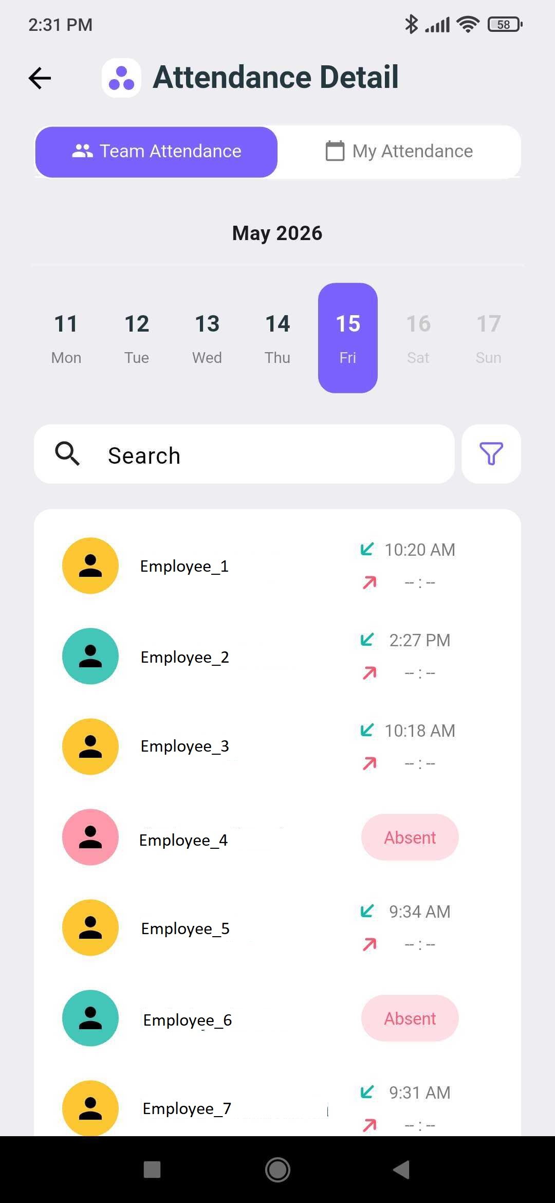 Team Attendance list showing each employee's punch-in time or absent status for the selected day