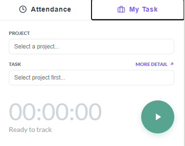 Chrome extension My Task tab with project and task selectors and a timer ready to track