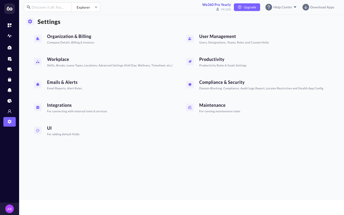 Settings center main navigation with configuration categories