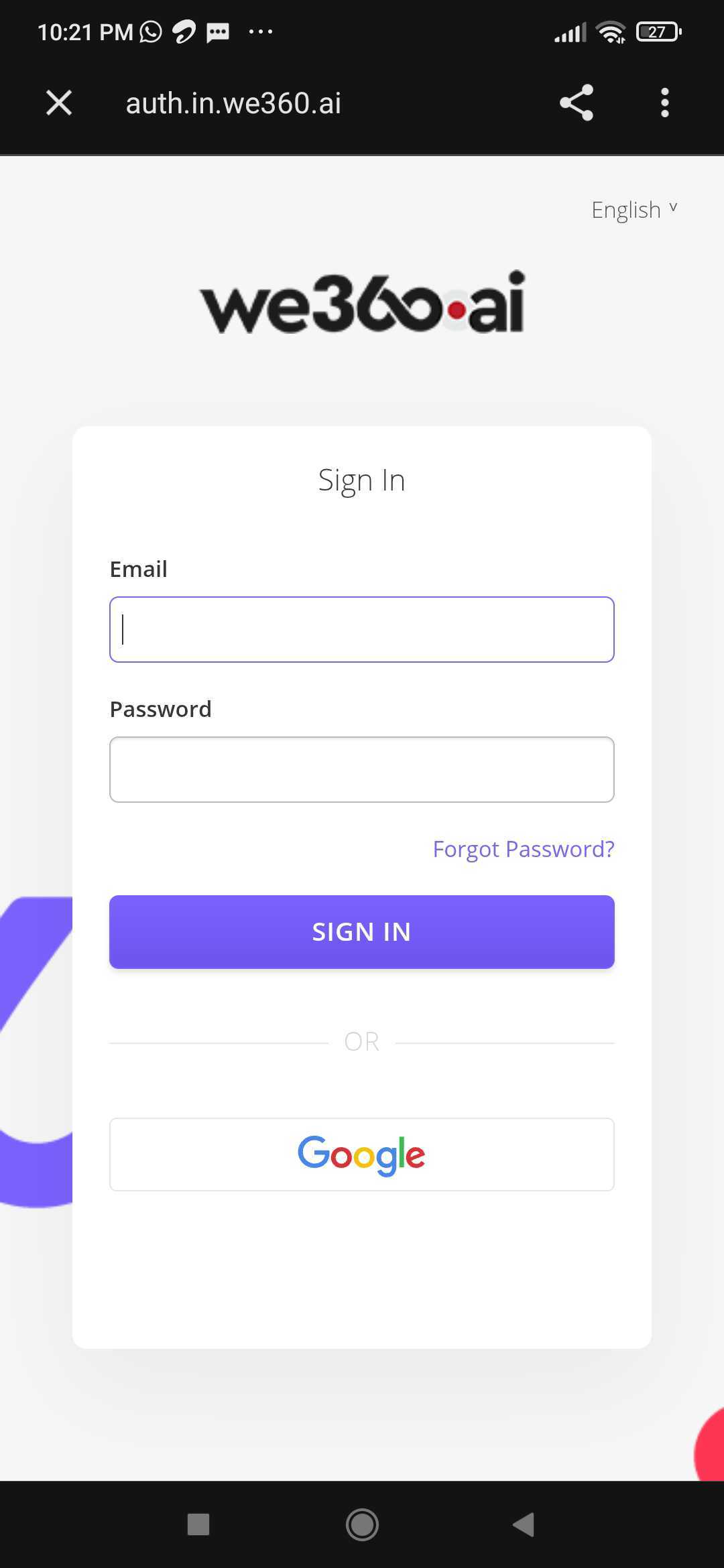 We360.ai sign-in form on mobile with email, password, and Google sign-in options