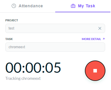 Chrome extension My Task tab tracking a selected task with the timer running and a stop button