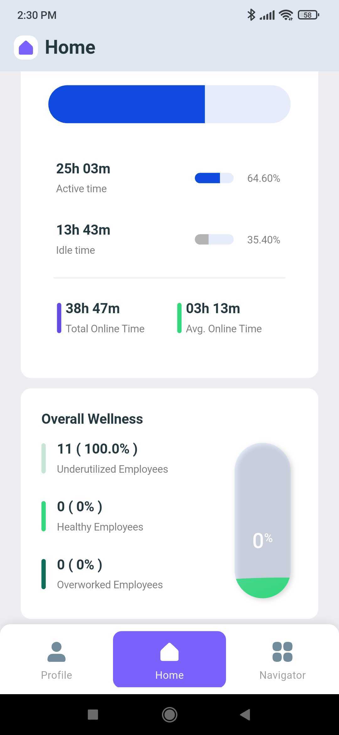 Home tab Overall Wellness card with underutilized, healthy, and overworked employee counts