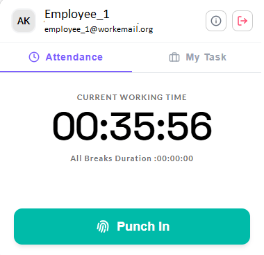 Chrome extension Attendance tab showing current working time and the Punch In button