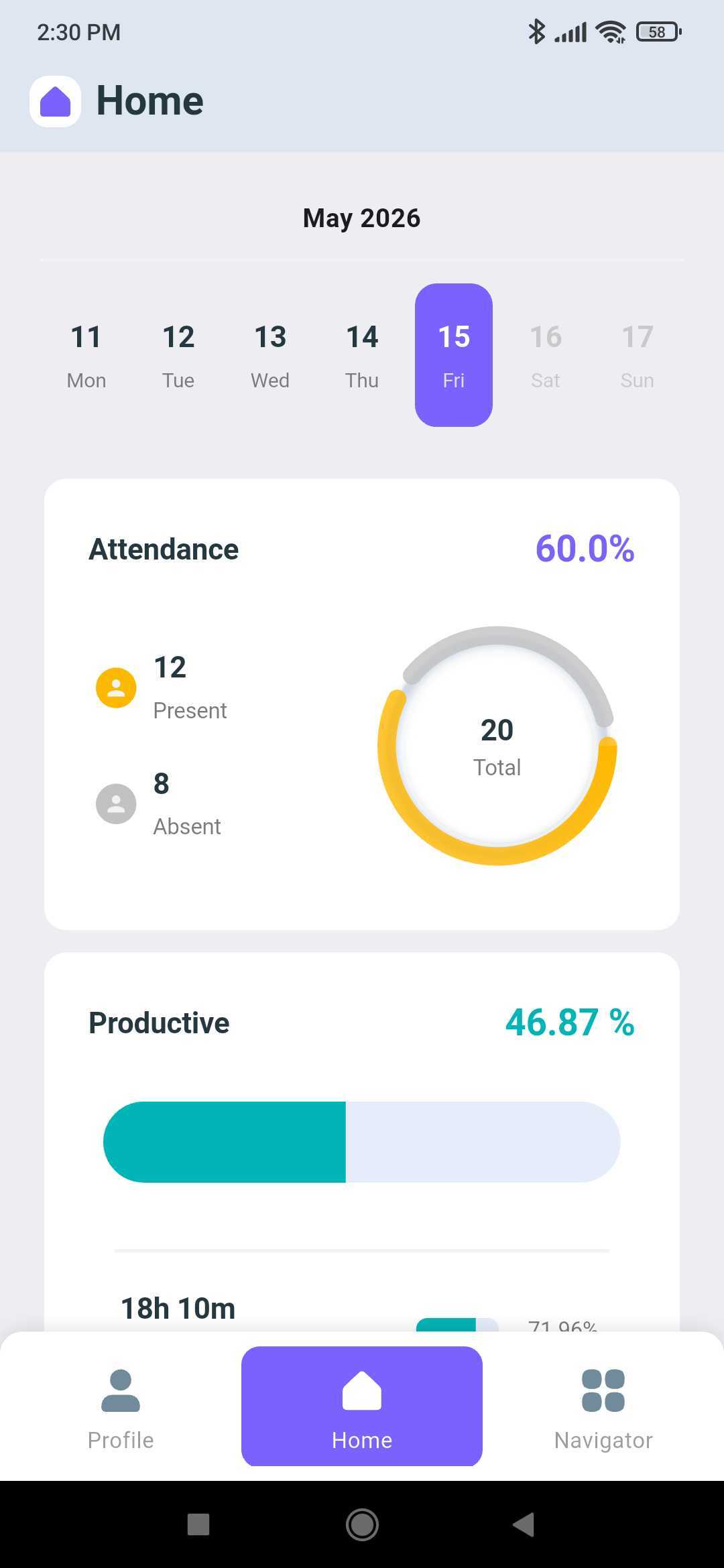Home tab with the date strip, team attendance donut chart, and productive percentage bar